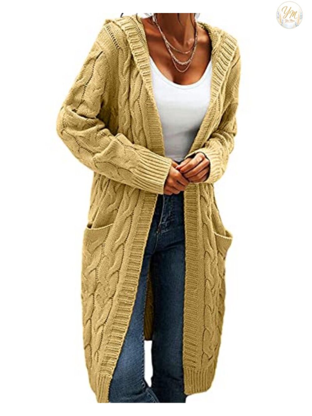Women's Hooded Chunky Cable Knit Cardigan Long Sweater Coat With Pockets